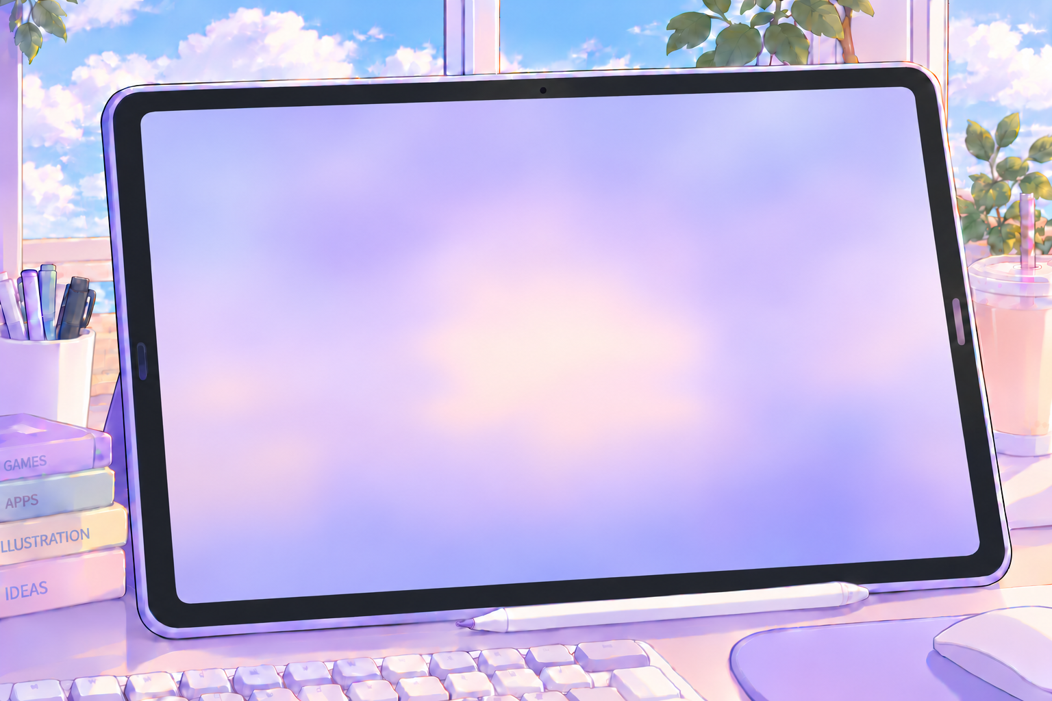 A lilac creative desk with a tablet, keyboard and drawing supplies.